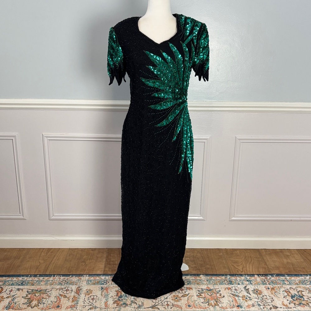 Vintage Carina Black Green Sequin Beaded Dress Size Medium 100% Silk Formal Sz M - Picture 2 of 15